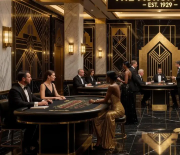 Luksusowe kasyno w stylu Art Deco z marmurowymi i złotymi akcentami