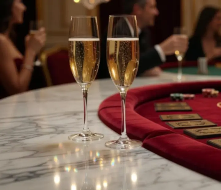 Detale filmowego wieczoru kasynowego: szampańskie kieliszki i eleganckie akcesoria stołowe