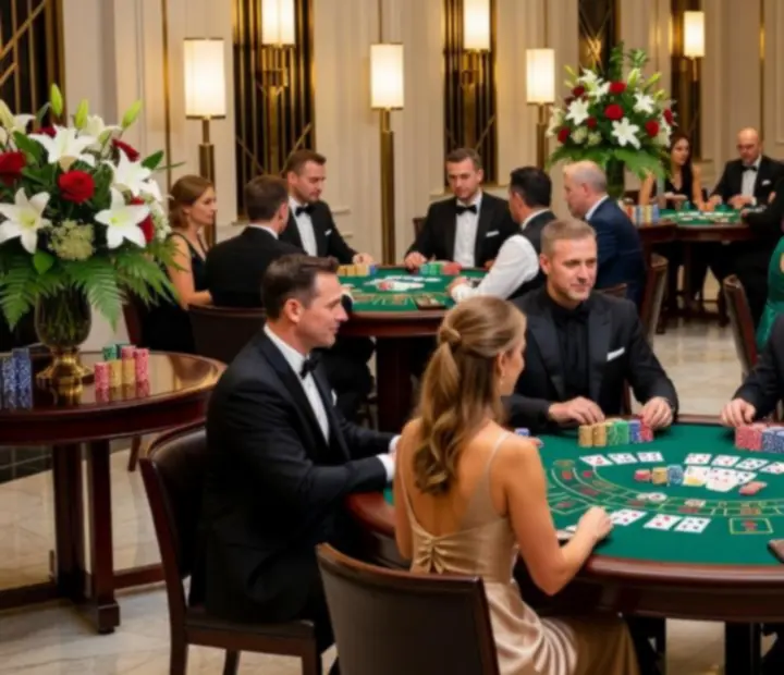 Kolaż zdjęć z ekskluzywnych realizacji casino event – stoły do gry, goście i scenografia