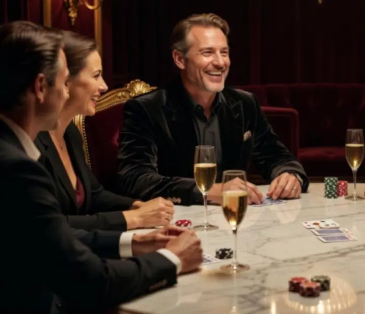 Stylowi goście przy stole pokerowym podczas eleganckiego eventu casino night w nastrojowym świetle