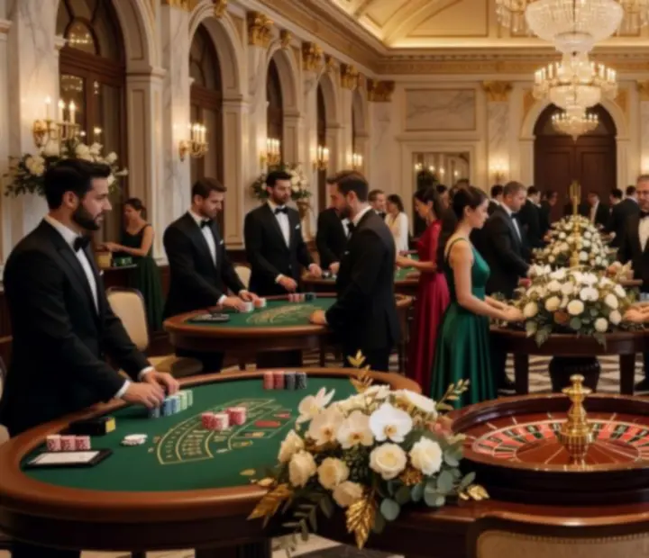 Luksusowa przestrzeń casino night z designerskimi stołami do pokera, ruletką, blackjackiem i eleganckimi gośćmi