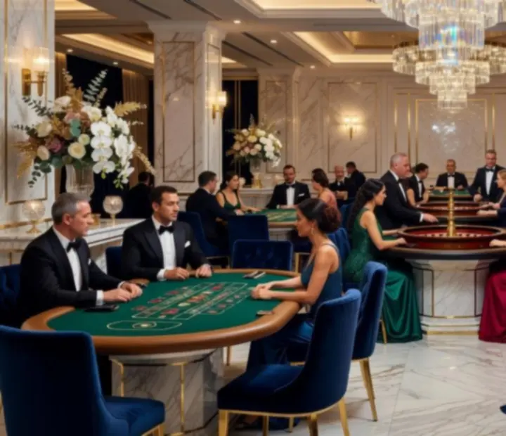 Luksusowy casino event w eleganckiej przestrzeni z gośćmi przy stołach do gry