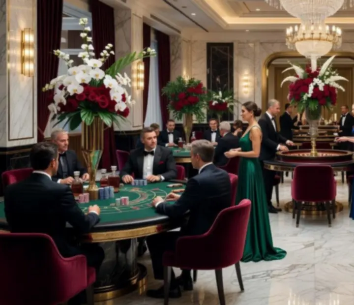 Luksusowe kasyno eventowe z eleganckimi stołami do pokera, ruletki i blackjacka