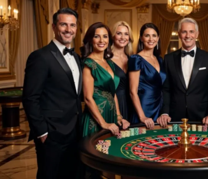 Profesjonalni gospodarze, konferansjerzy i dealerzy w eleganckich strojach podczas luksusowego eventu casino night